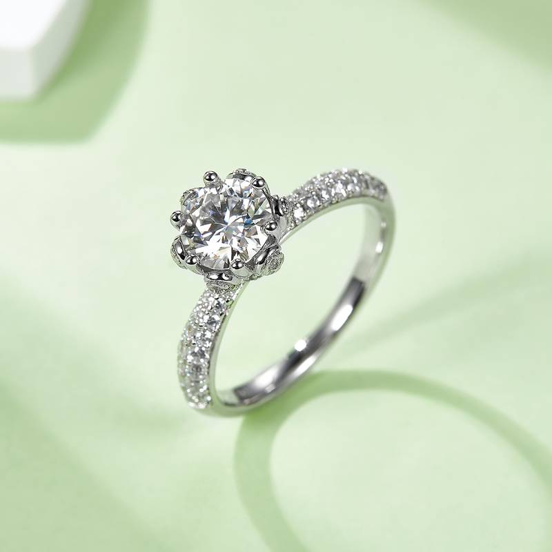 直臂豪镶花神S925银镀白金MoissaniteWomen's Ring1ctD级